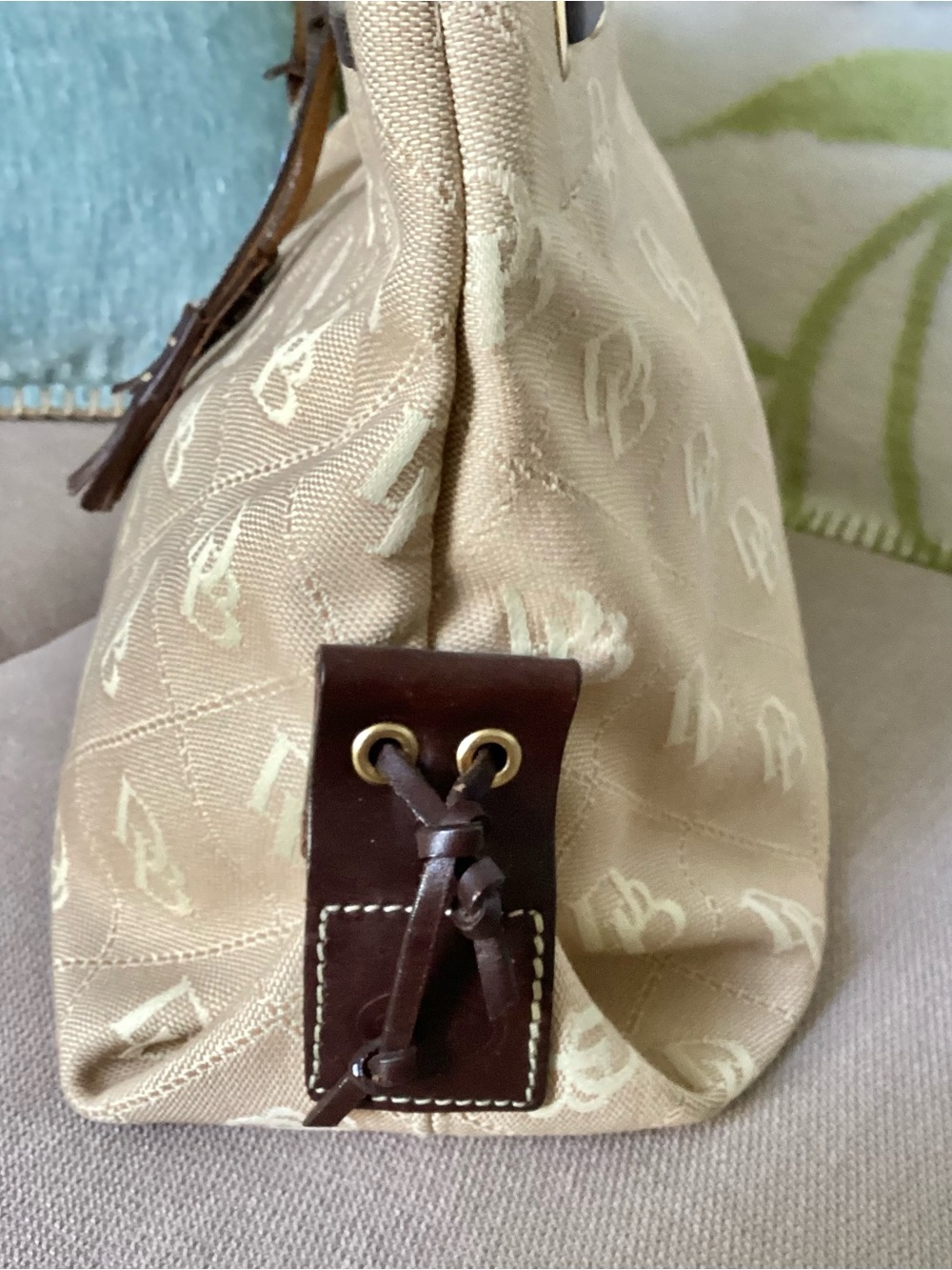 Dooney & Bourke Beige Logo Satchel with Dark Brown Trim - Picture 7 of 13